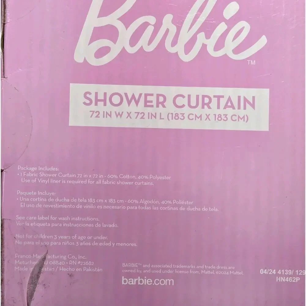NEW Barbie Fabric Shower Curtain 72x72” Rainbows Skates Palm Trees Sunglasses